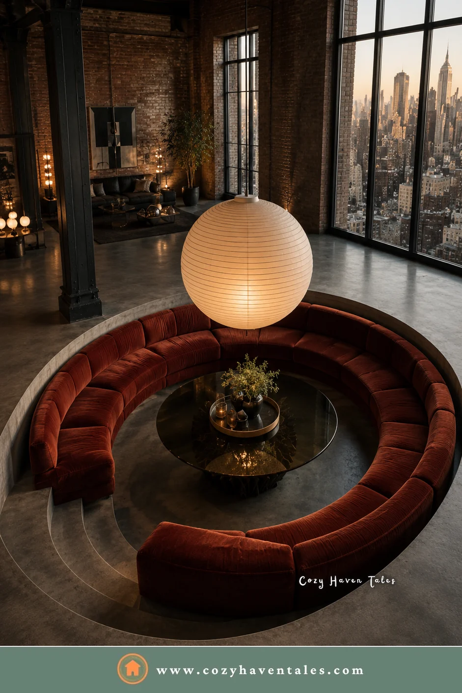 Sunken rust velvet conversation pit with curved built-in seating and a paper lantern in a loft