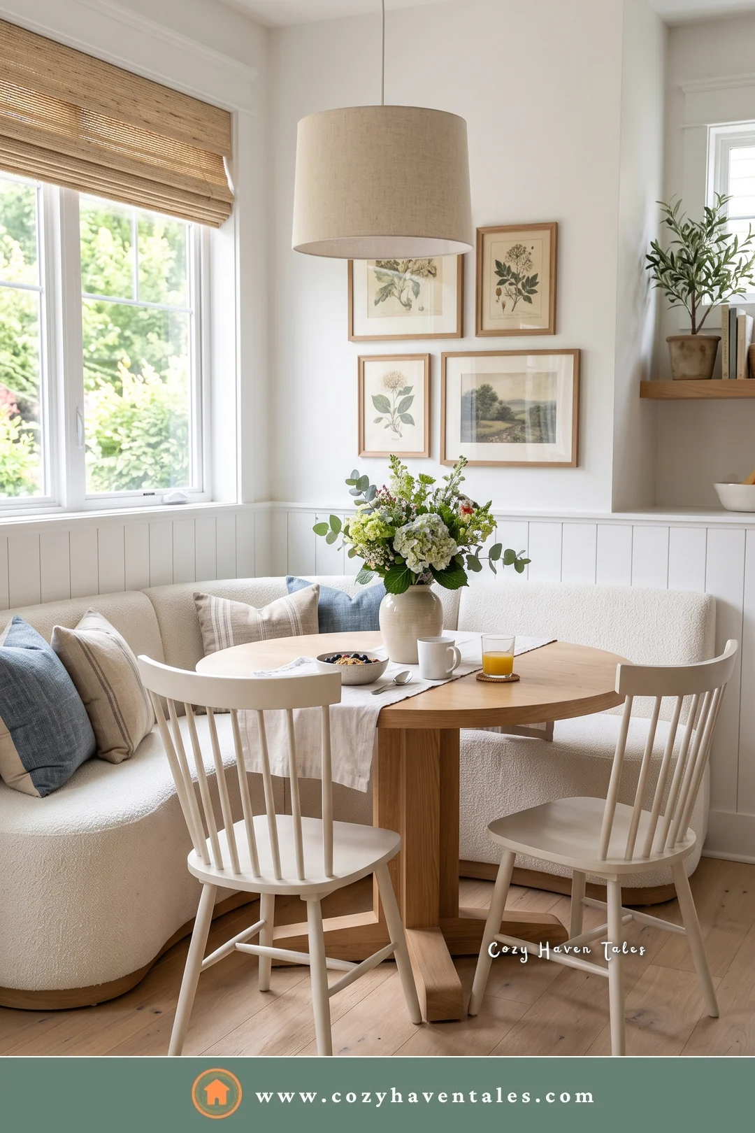 Small cream curved banquette against white wainscoting with spindle chairs and a drum shade