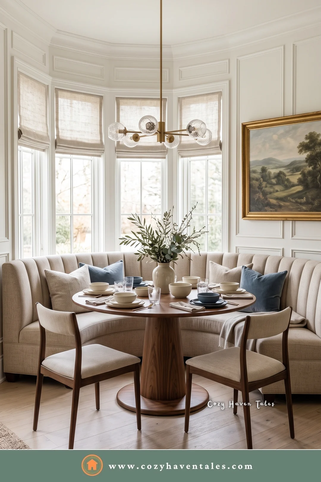 Cream curved banquette seating in a paneled bay window with a walnut table and a landscape painting