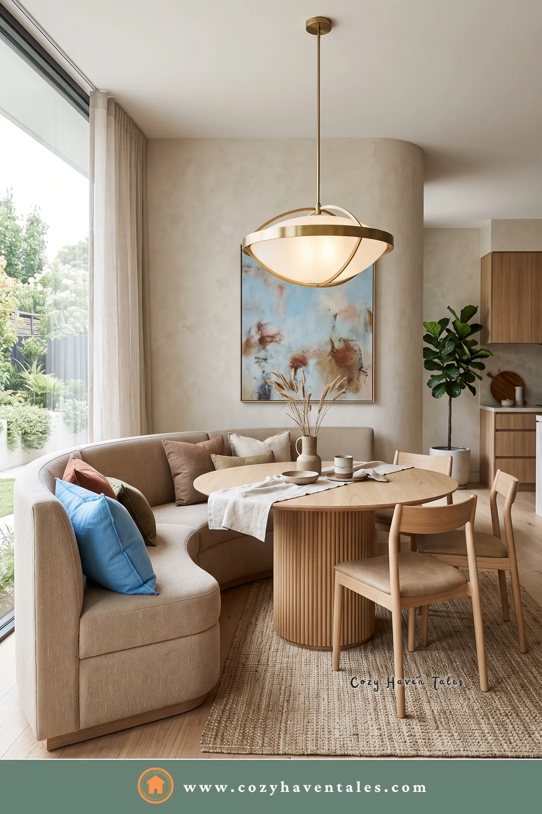 Beige curved banquette following a curved plaster wall with a fluted oak table and a blue pillow