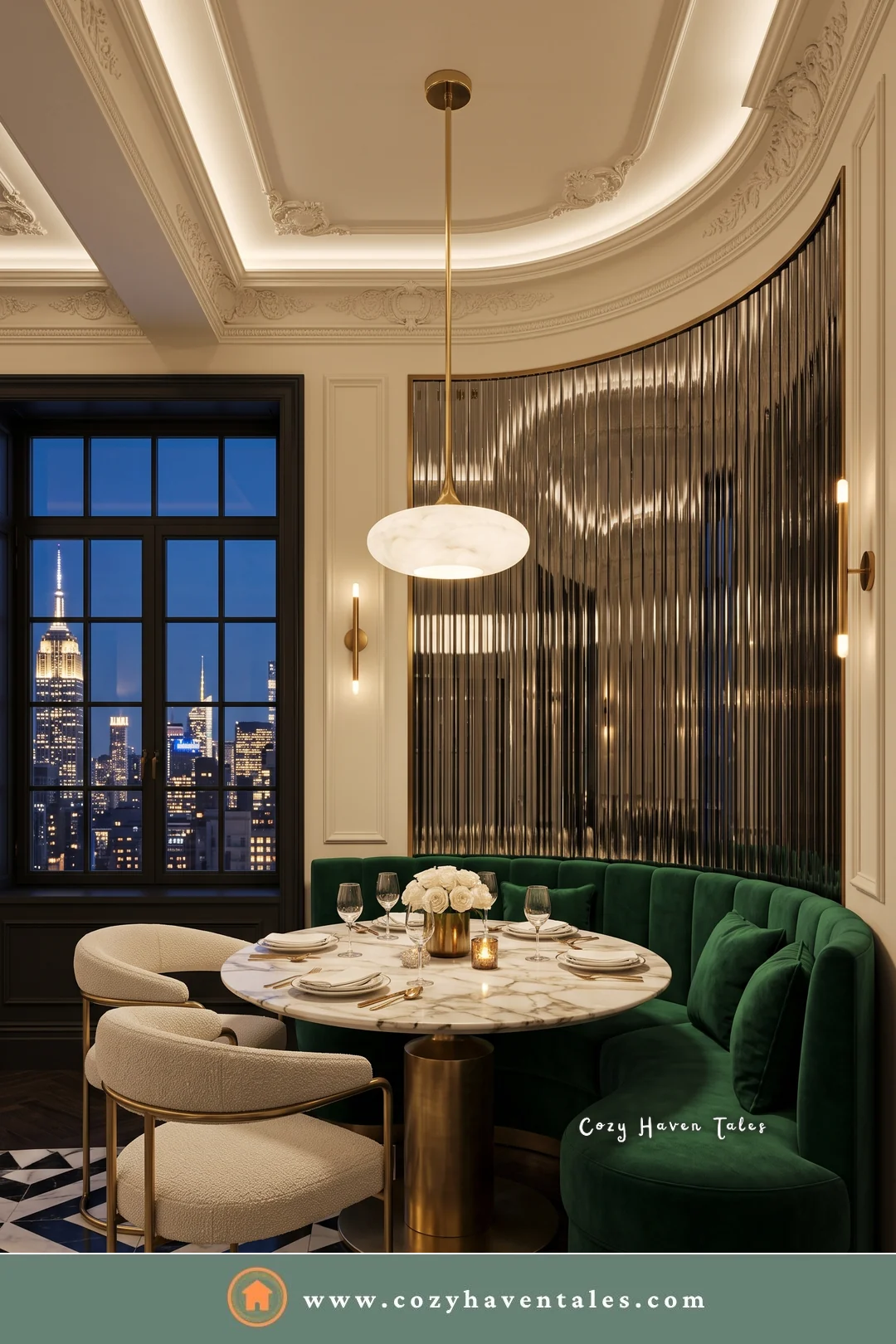 Emerald velvet curved banquette seating with a marble table and a black and white marble floor at night