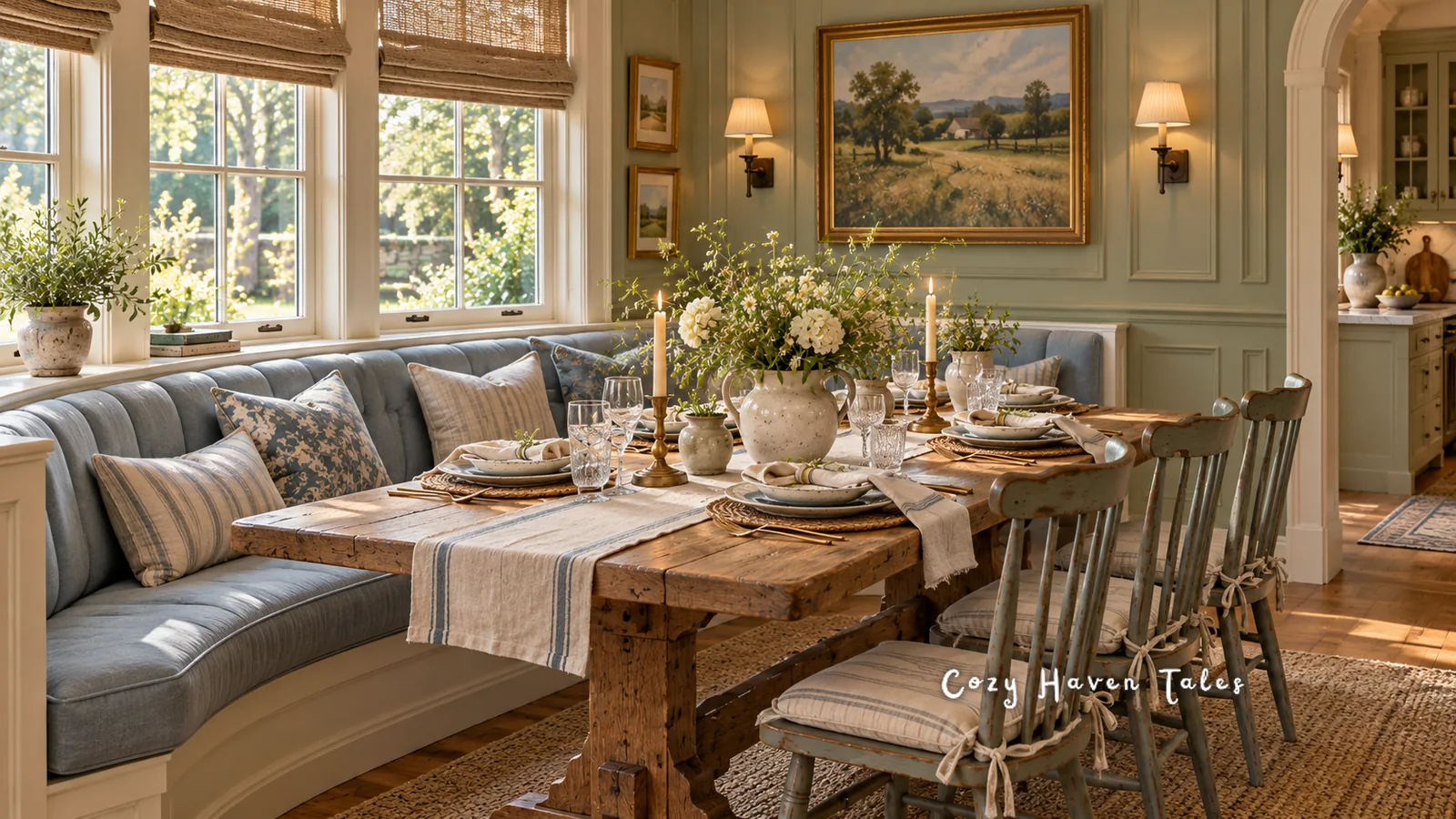 Sage green dining nook with a long curved blue banquette under farmhouse windows, a rustic trestle table, and spindle chairs