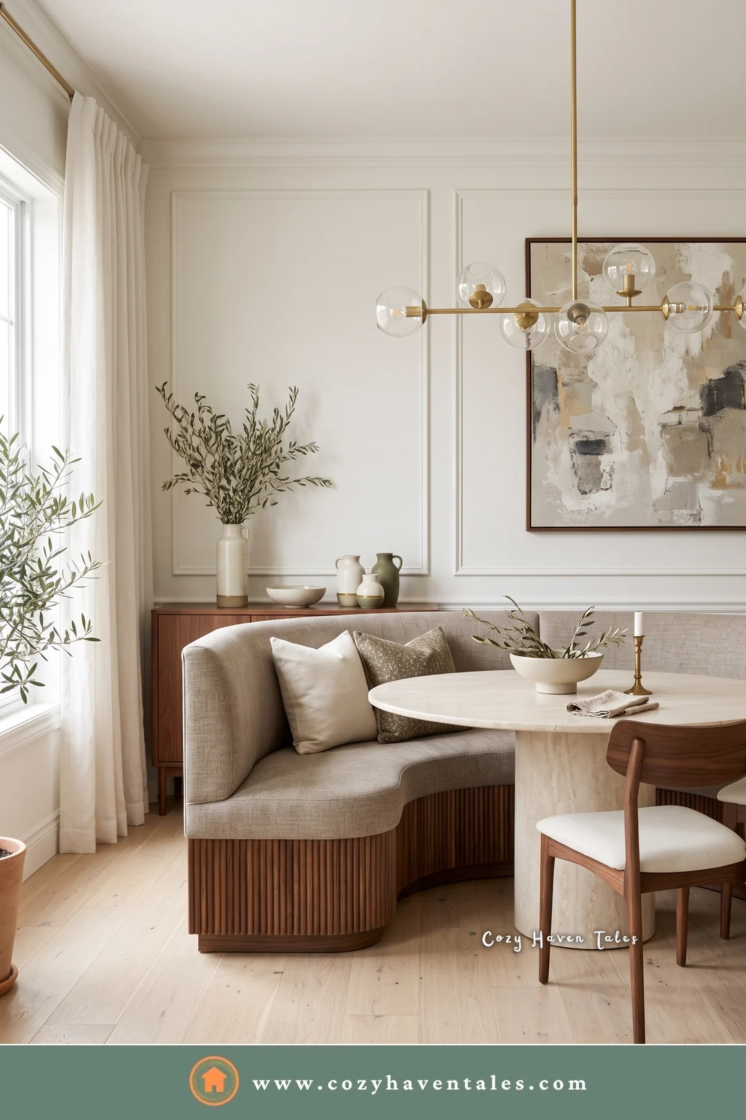 Taupe curved banquette on a fluted walnut base with a travertine table and a glass chandelier