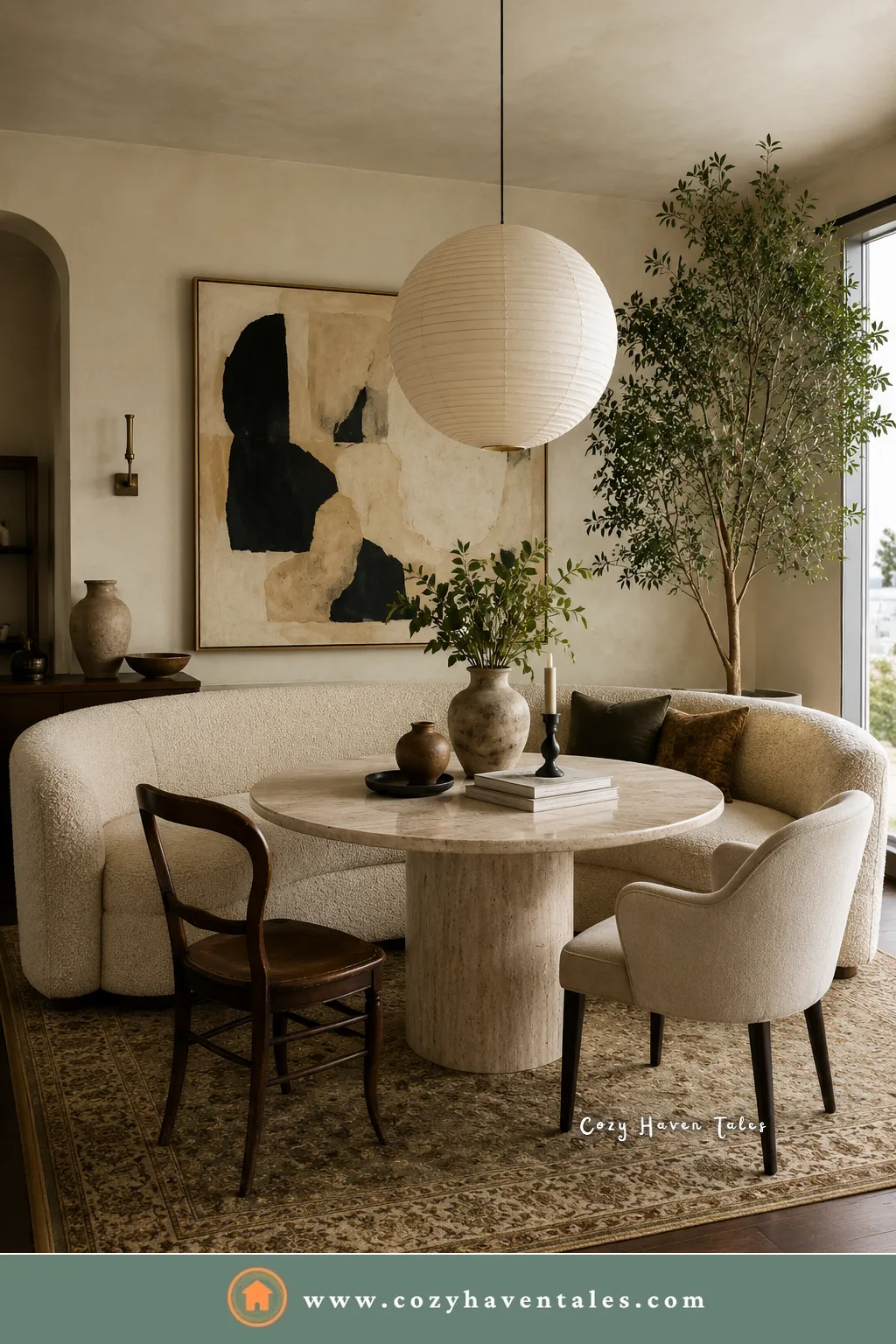 Freestanding cream boucle curved banquette seating with a travertine table, a paper lantern, and an olive tree