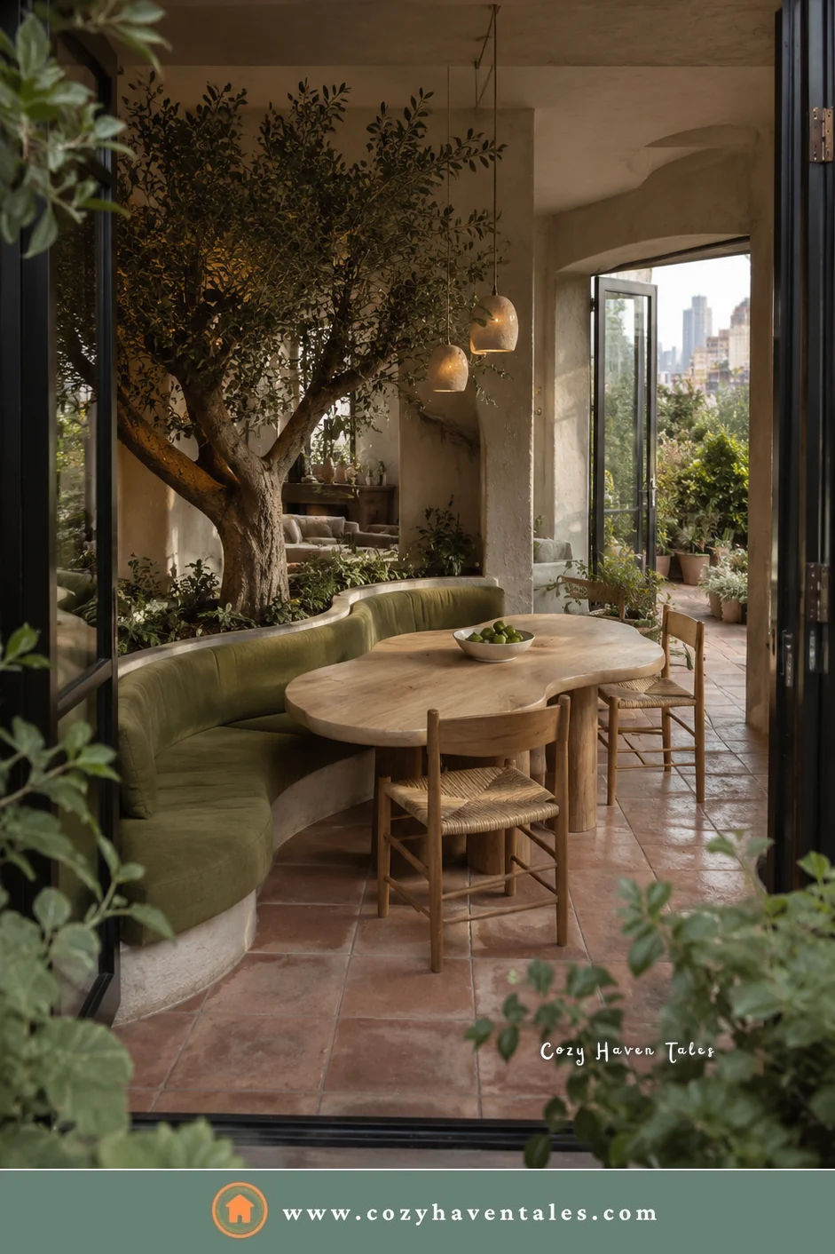 Olive green curved banquette around a live-edge table and an olive tree in an indoor-outdoor room