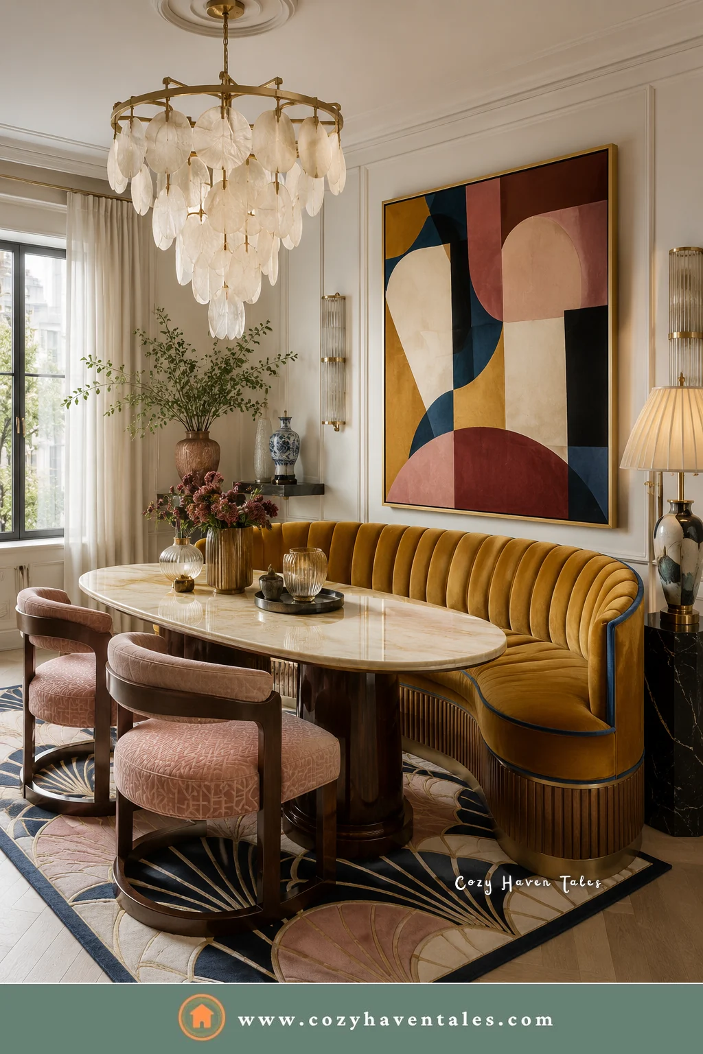 Mustard channel-tufted curved banquette seating with an oval stone table, blush chairs, and an Art Deco rug