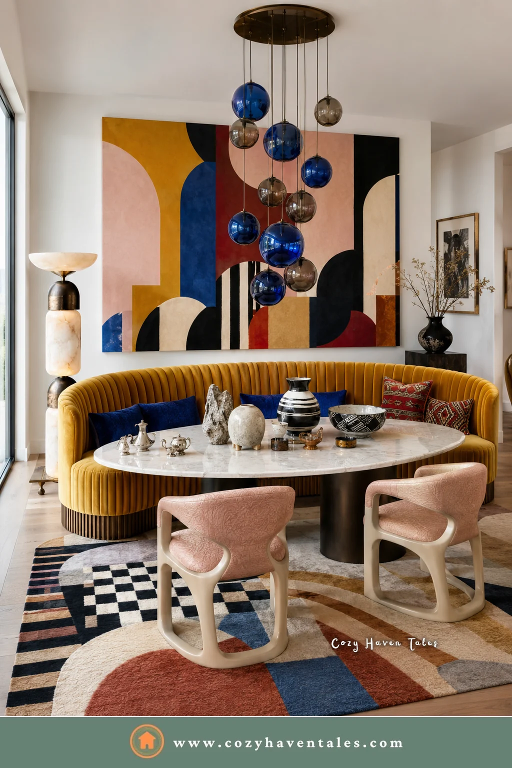 Mustard curved banquette under a cluster of blue glass globe pendants with pink sculptural chairs