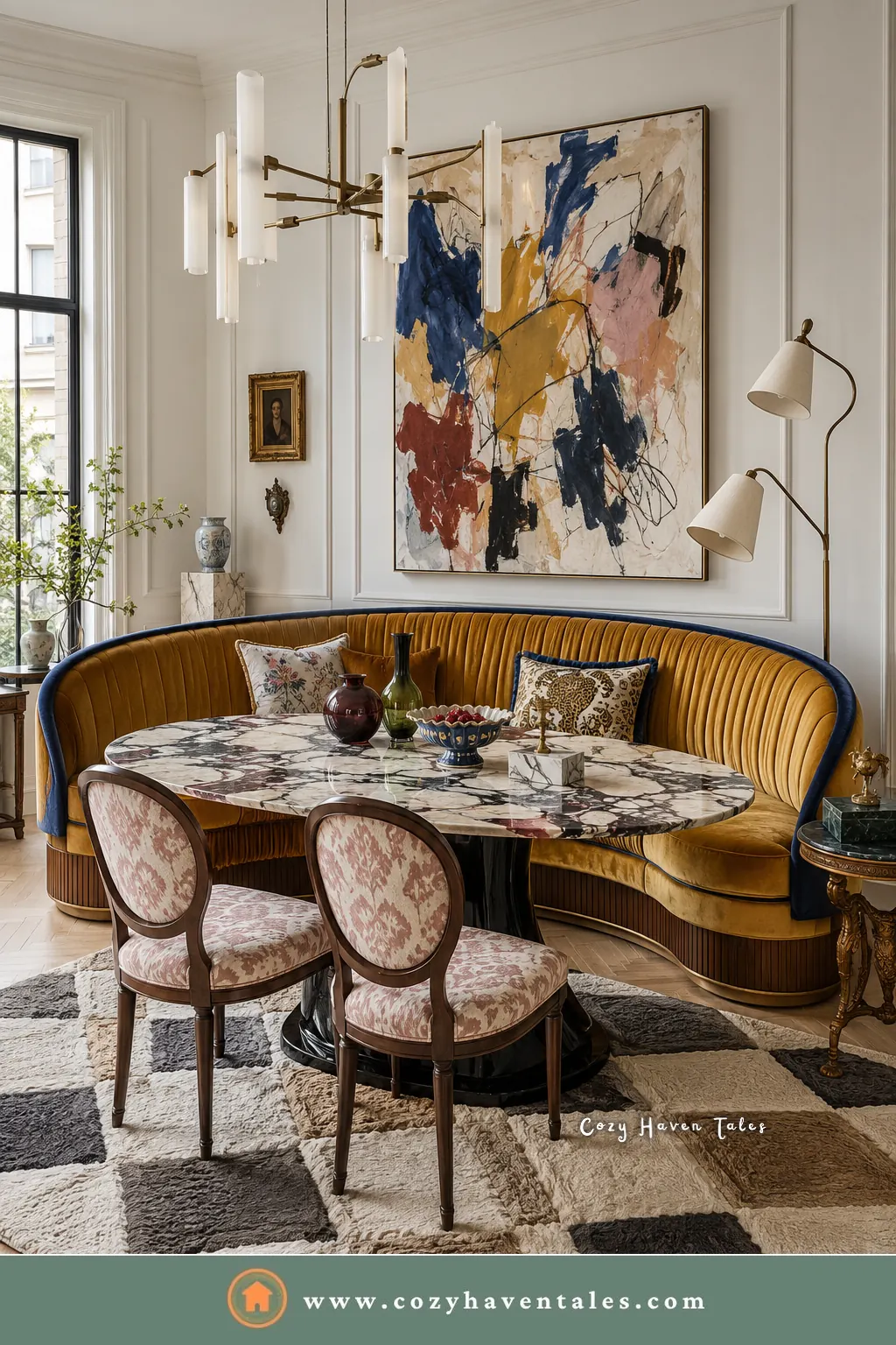 Mustard velvet curved banquette with blue piping, a marble oval table, and a checkerboard shag rug