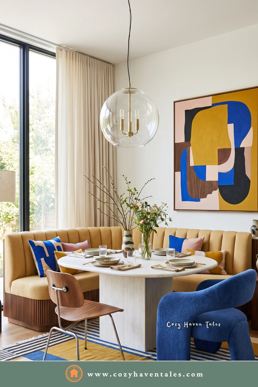 Mustard curved banquette seating with a cobalt lounge chair, a travertine table, and a striped rug
