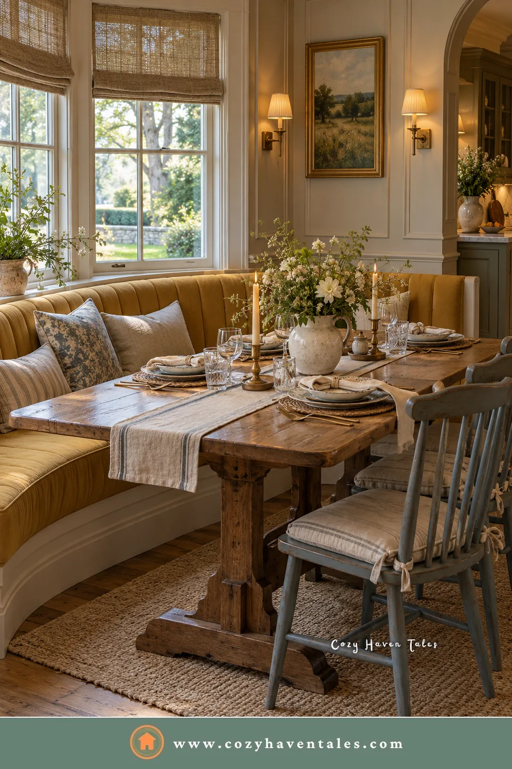 Mustard curved banquette seating under a row of farmhouse windows, with a rustic trestle table and blue-gray spindle chairs