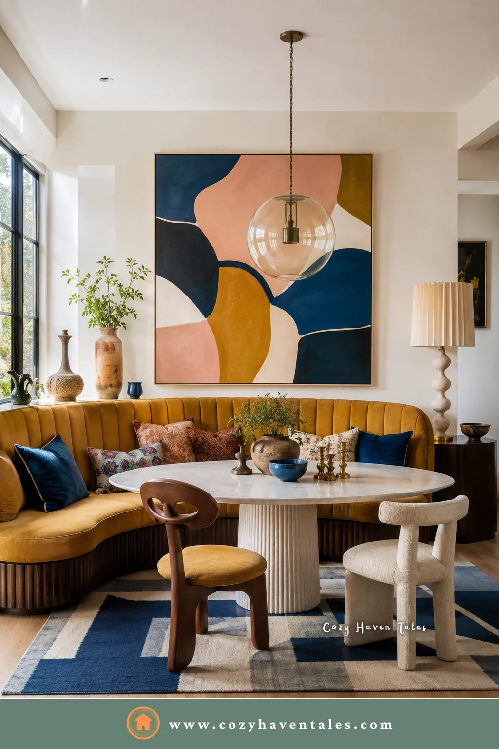 Mustard velvet curved banquette with a white fluted oval table and sculptural chairs under bold abstract art