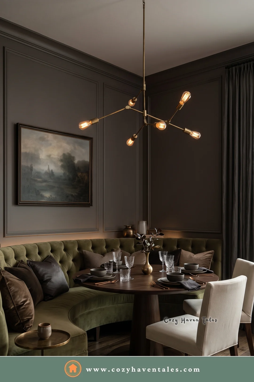Olive green tufted velvet curved banquette in a charcoal room with a brass sputnik light