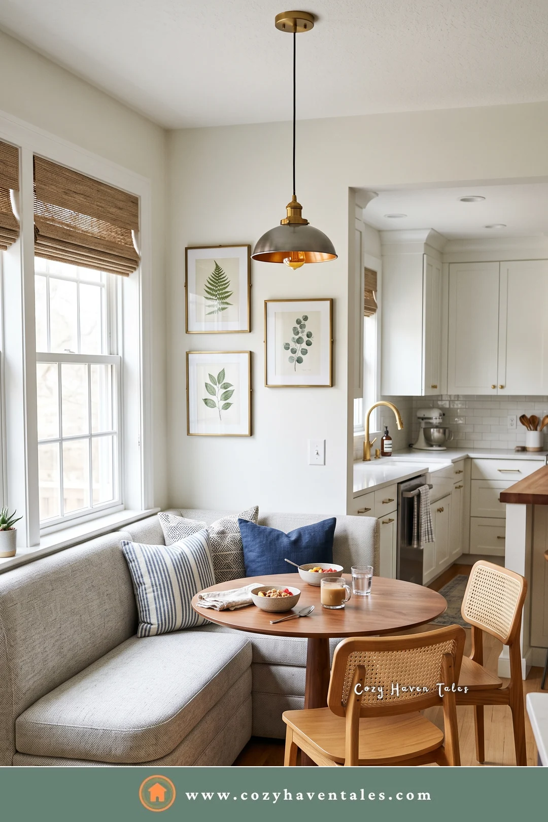 Gray woven curved banquette in a kitchen corner window with a round walnut table and cane chairs