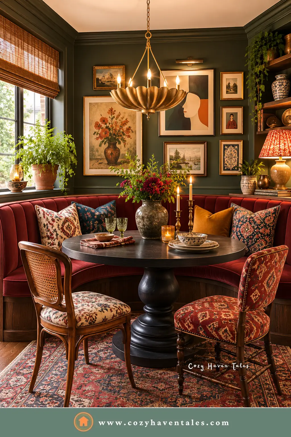 Red velvet curved banquette seating against dark green walls with a gallery wall and a brass chandelier