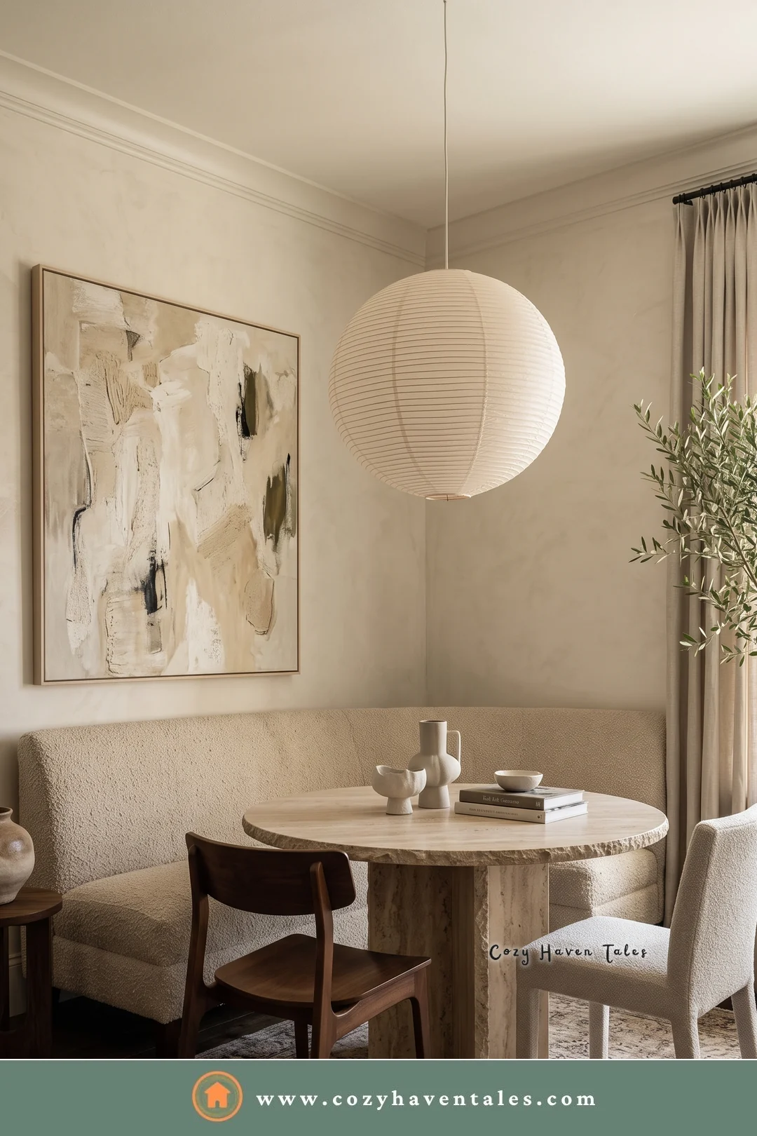Boucle curved banquette with a rough-edged travertine table and a paper lantern in a corner