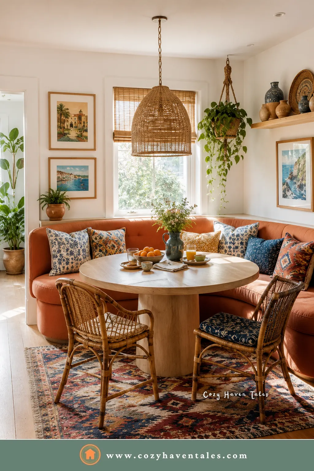 Rust curved banquette with patterned pillows, rattan chairs, a hanging plant, and a woven pendant