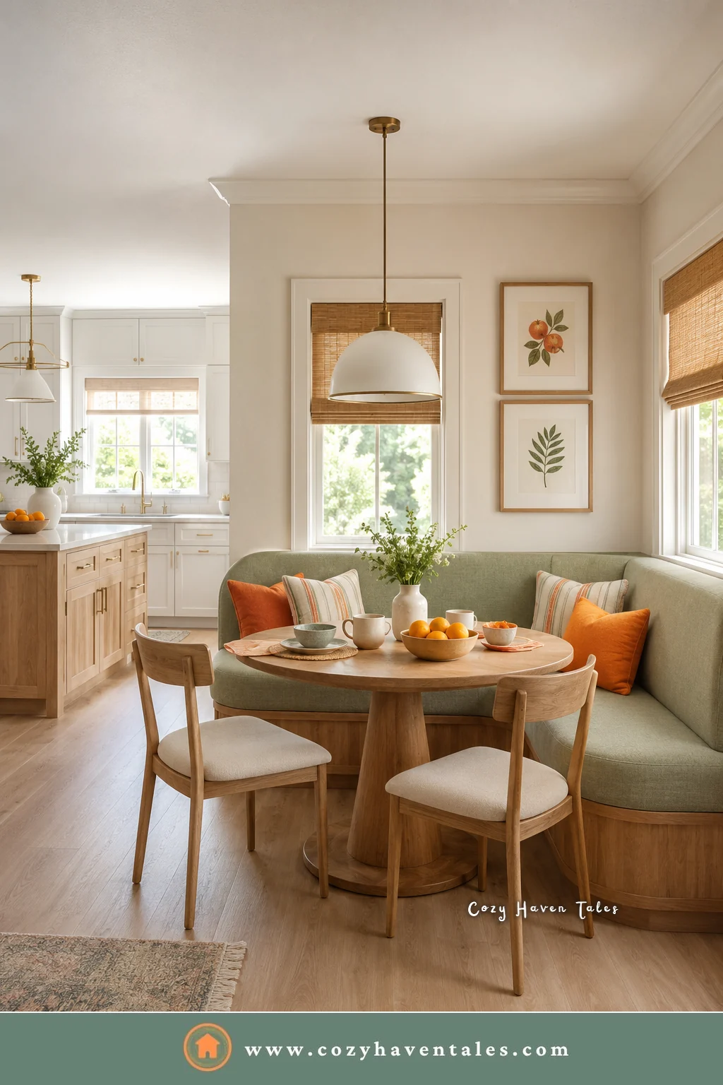 Sage green curved banquette on a wood base with orange pillows and a round pedestal table