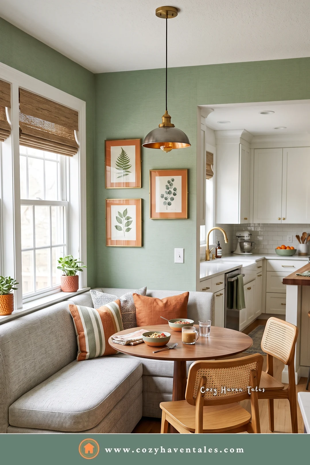 Gray curved banquette seating against a sage green wall with rust pillows and cane chairs