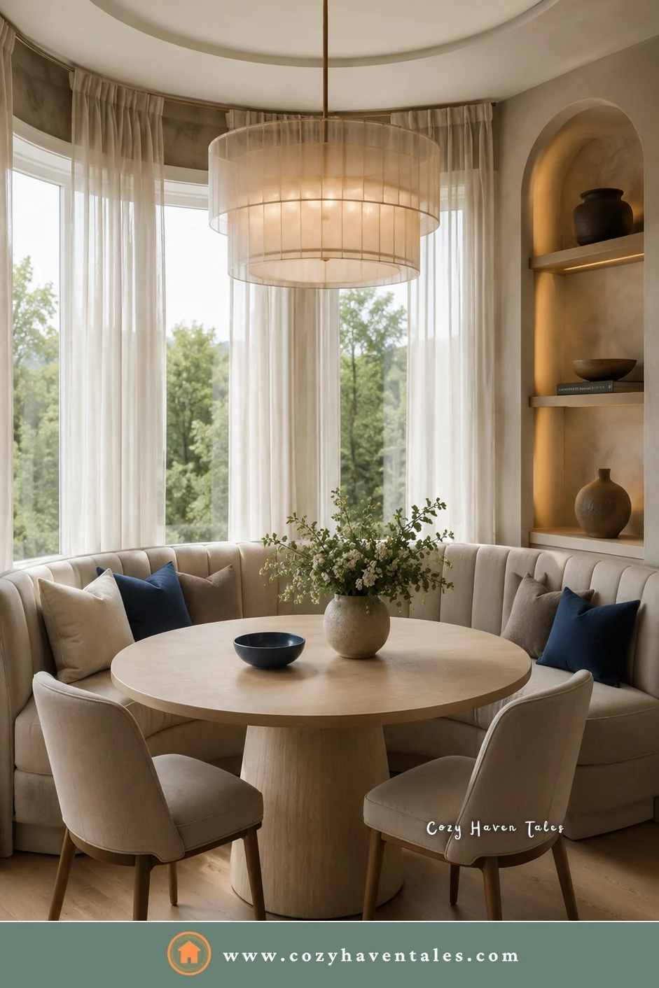 Cream channel-tufted curved banquette seating in a round bay with sheer curtains and a lit arched niche