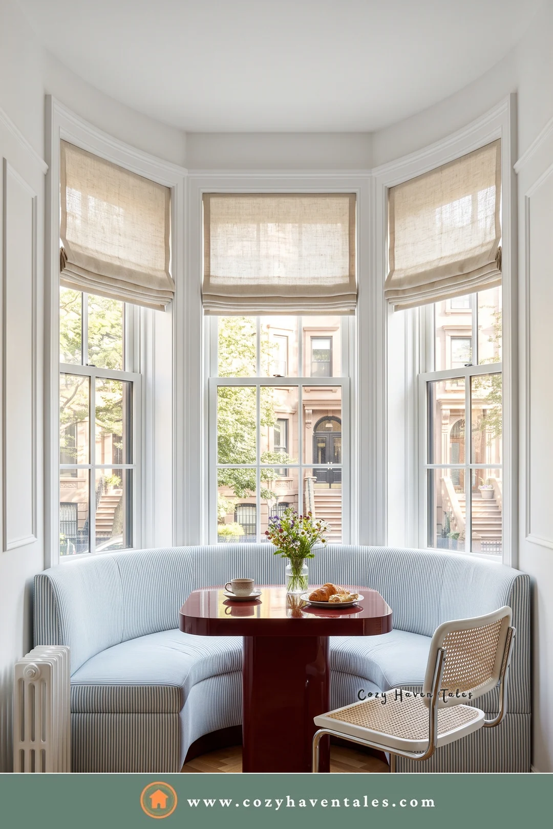 Small powder blue striped curved banquette seating in a brownstone bay window with a burgundy table