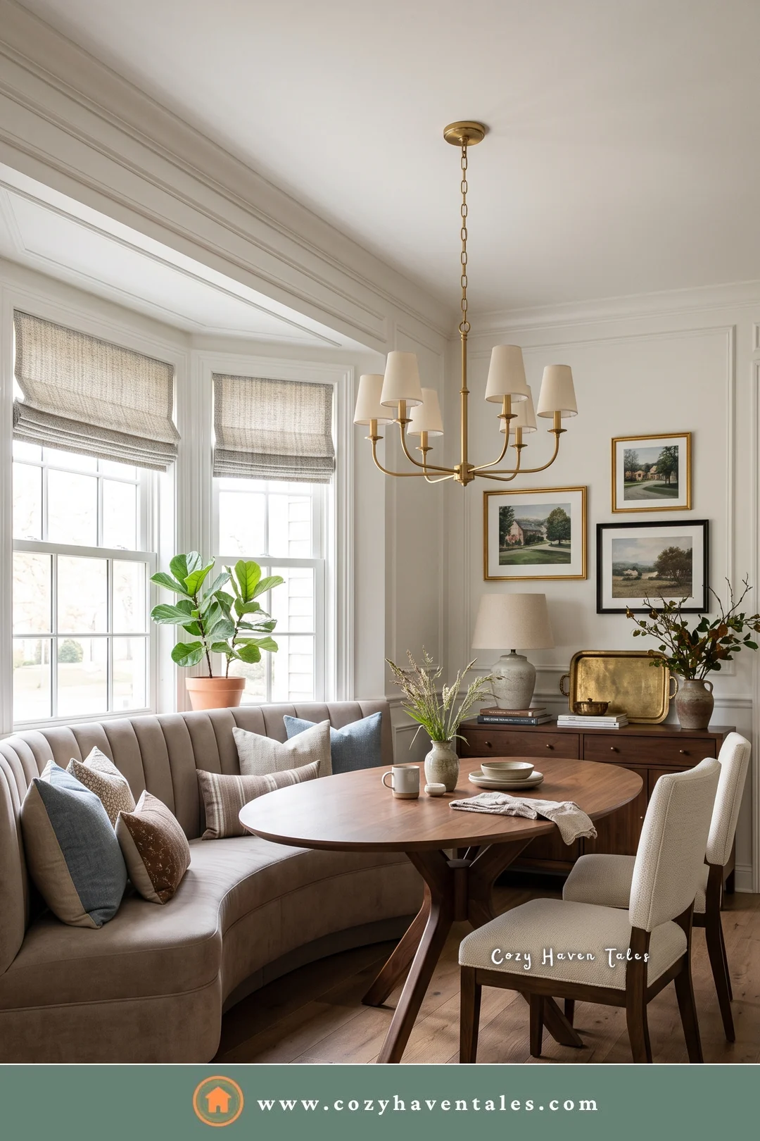 Taupe curved banquette seating with an oval walnut table and a brass chandelier near a bay window