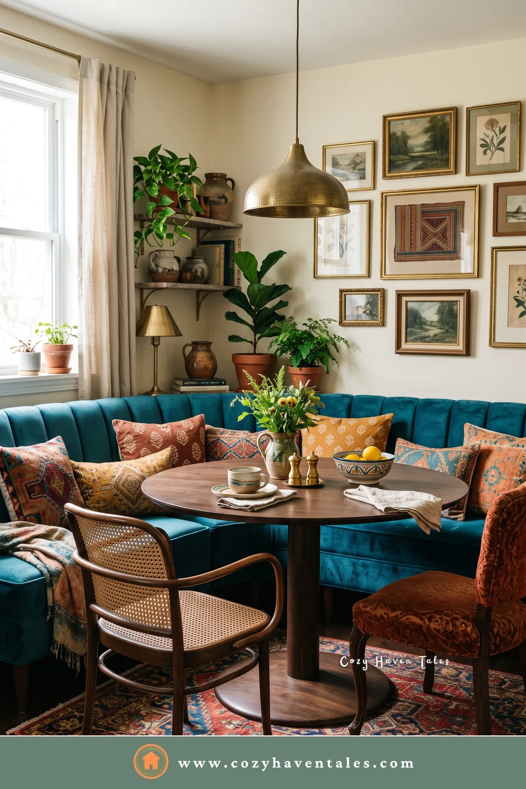 Teal velvet curved banquette below a gallery wall with a cane chair and a red Persian rug