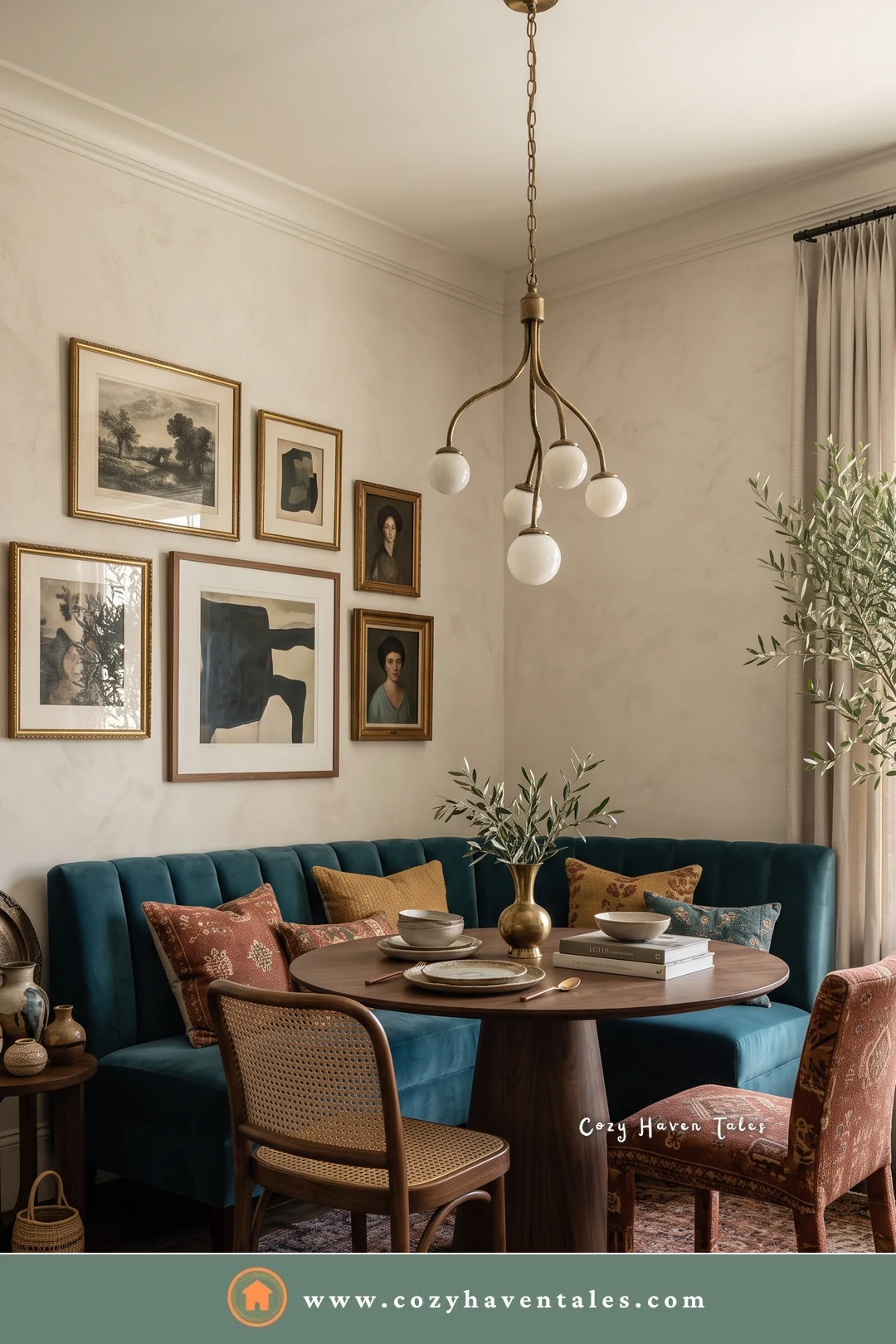 Teal tufted curved banquette against limewashed walls with framed prints and an olive tree