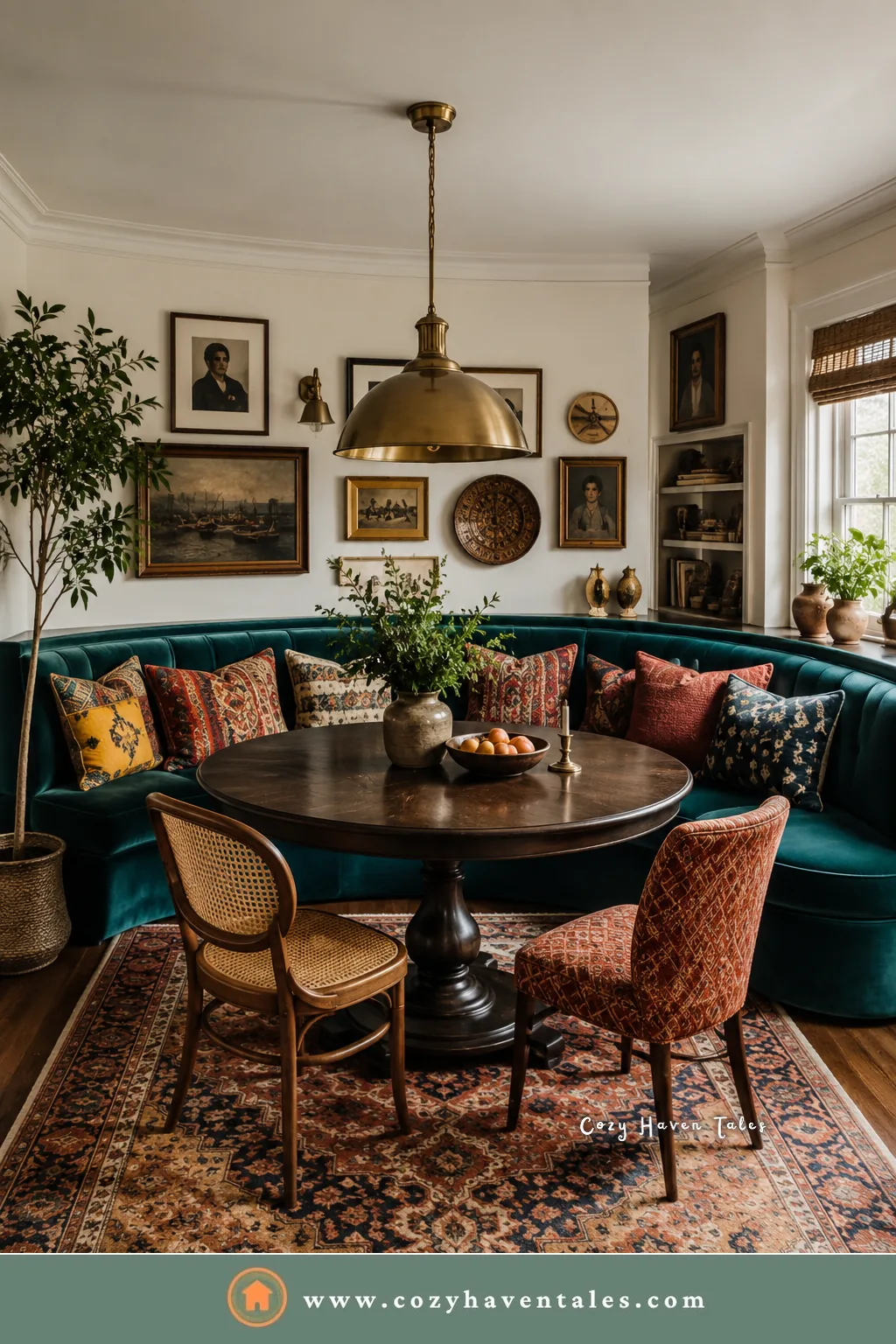 Deep teal velvet curved banquette seating with patterned pillows, a Persian rug, and a brass dome pendant