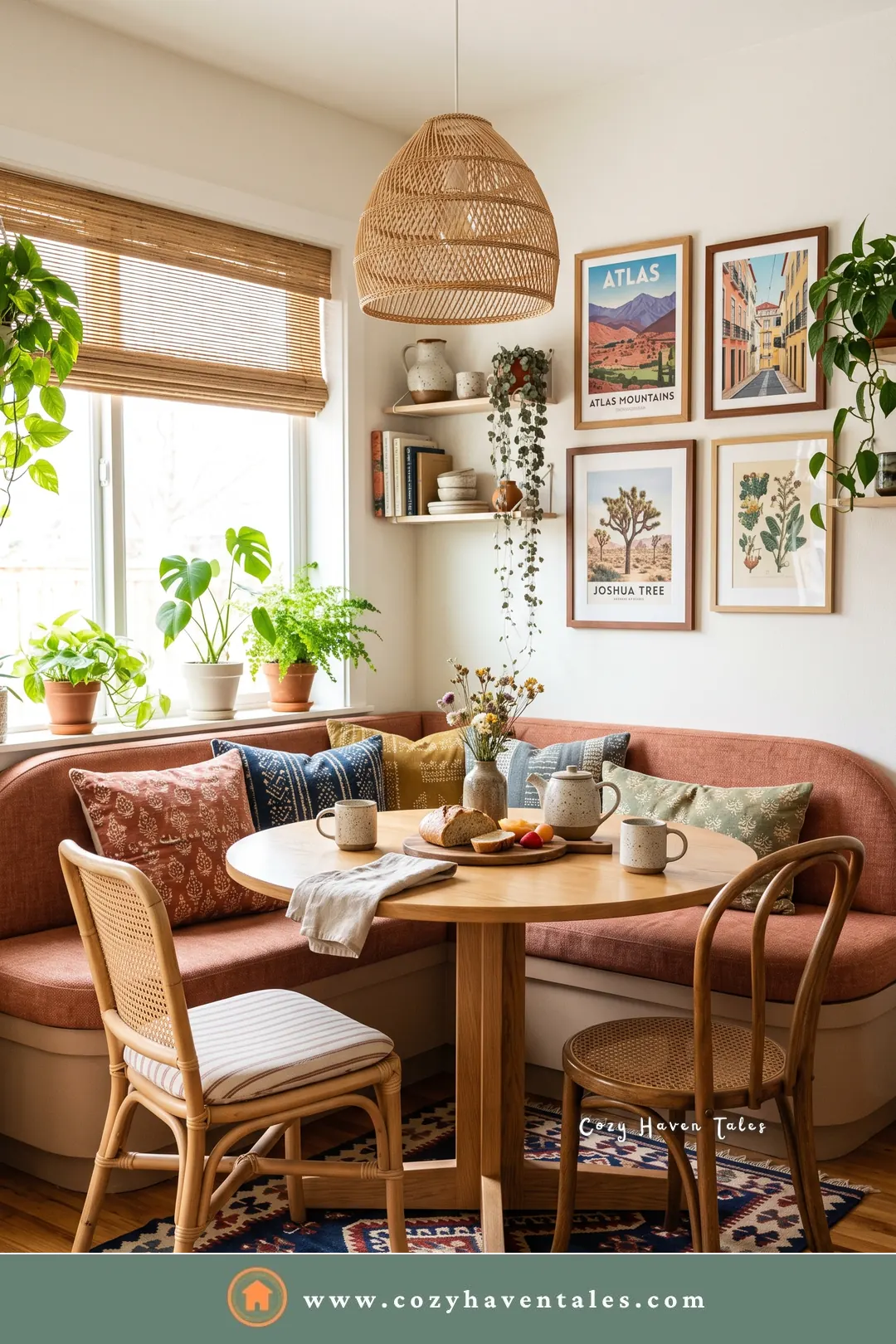 Terracotta curved banquette seating with rattan chairs, a kilim rug, and a woven pendant