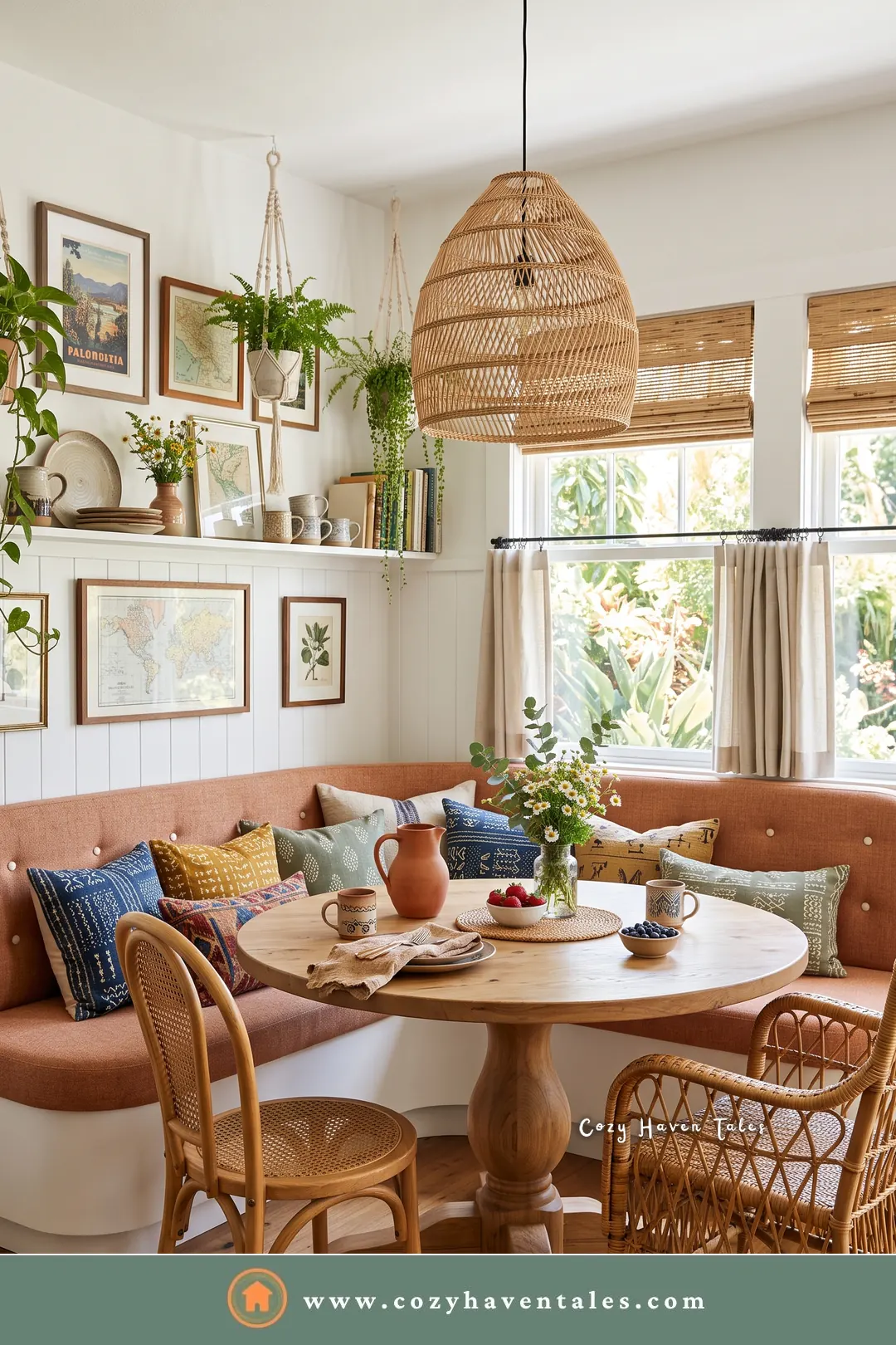 Tufted terracotta curved banquette seating with macrame plant hangers and a rattan armchair