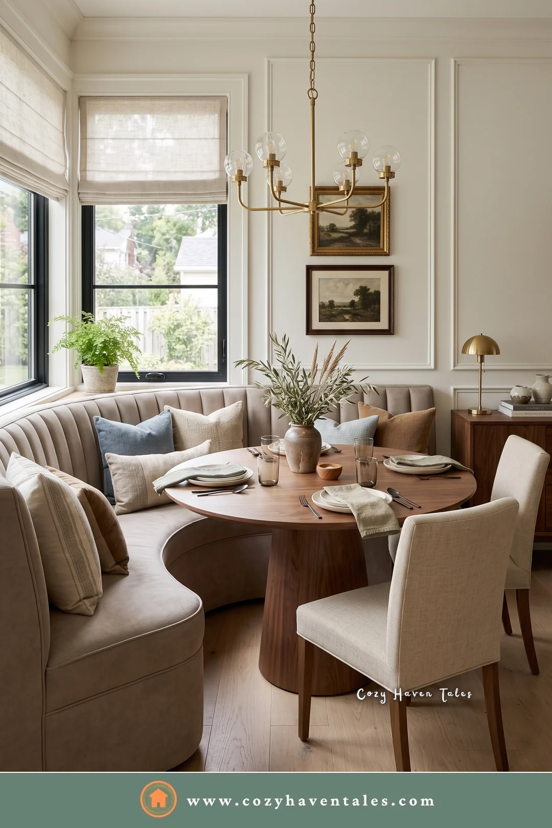 Tufted linen curved banquette seating with a round walnut table and a brass chandelier by a window