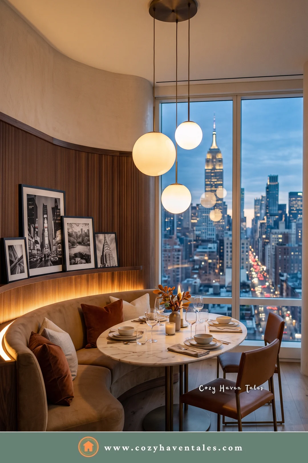 Curved banquette against a lit walnut slat wall with globe pendants and a night city view