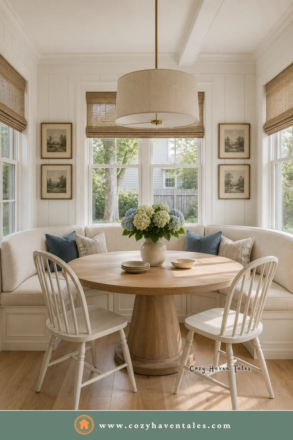 White built-in curved banquette in a paneled bay with spindle chairs and blue hydrangeas