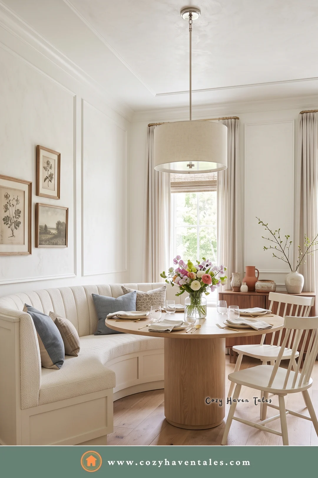 White built-in curved banquette with a fluted oak table and a white spindle chair
