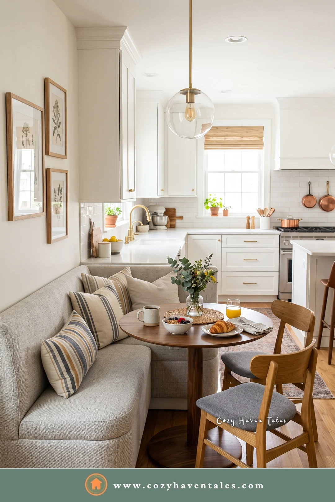 Light gray curved banquette seating in a white kitchen corner with a walnut pedestal table and striped pillows