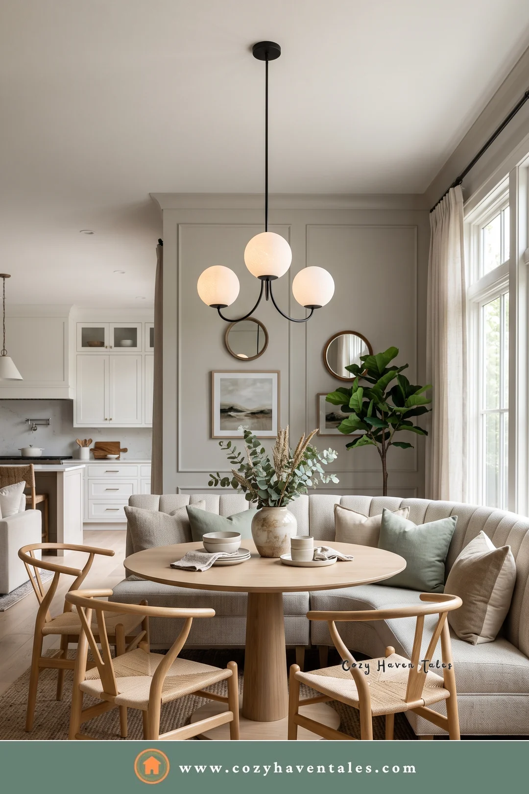 Tufted cream curved banquette seating with wishbone chairs and a round oak table near an open kitchen