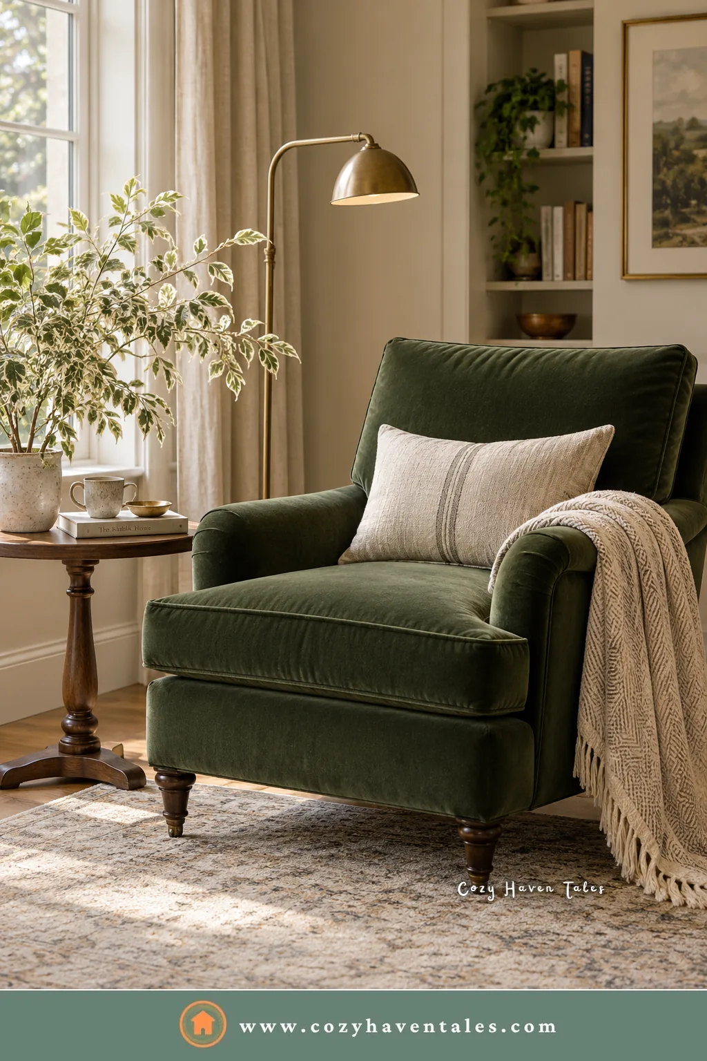 Dark green velvet armchair with a cream pillow, a knit throw, and a brass floor lamp in a sunny reading corner