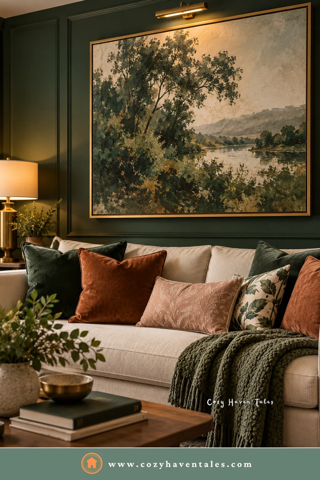 Large green landscape painting in a gold frame above a cream sofa with rust and blush pillows against dark green walls