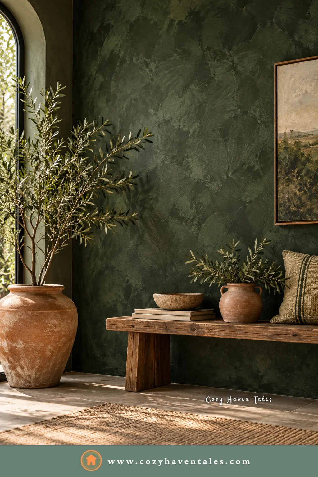 Cloudy dark green limewash wall with a rustic wood bench, a terracotta vase of olive branches, and a jute rug