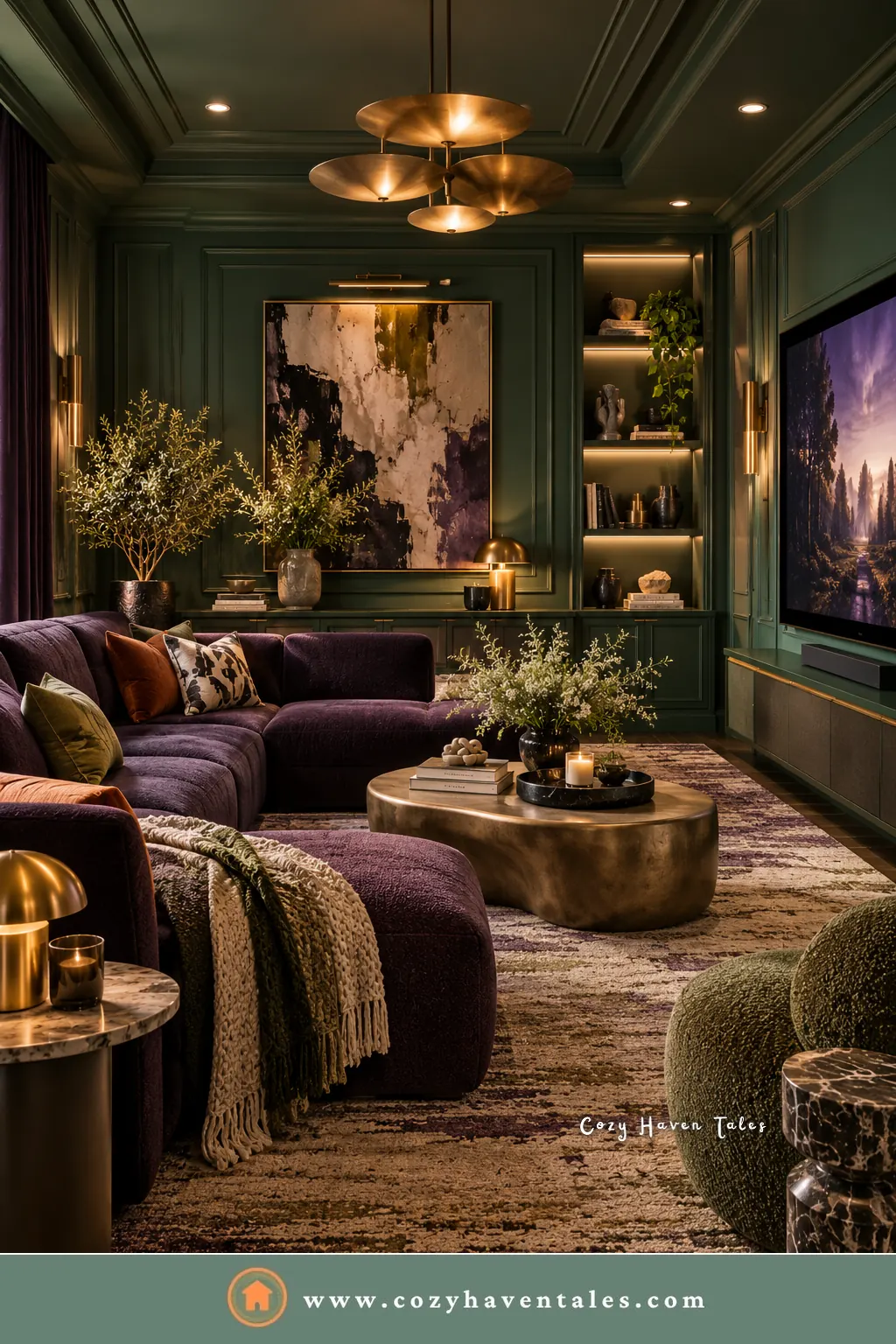 Color-drenched room with dark green walls and trim, a plum velvet sectional, and glowing shelves