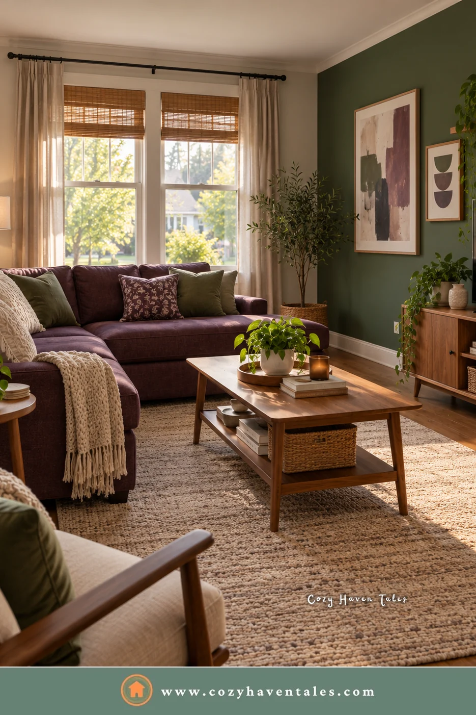 Dark green living room in warm afternoon light with a plum sofa, a wood coffee table, and abstract art