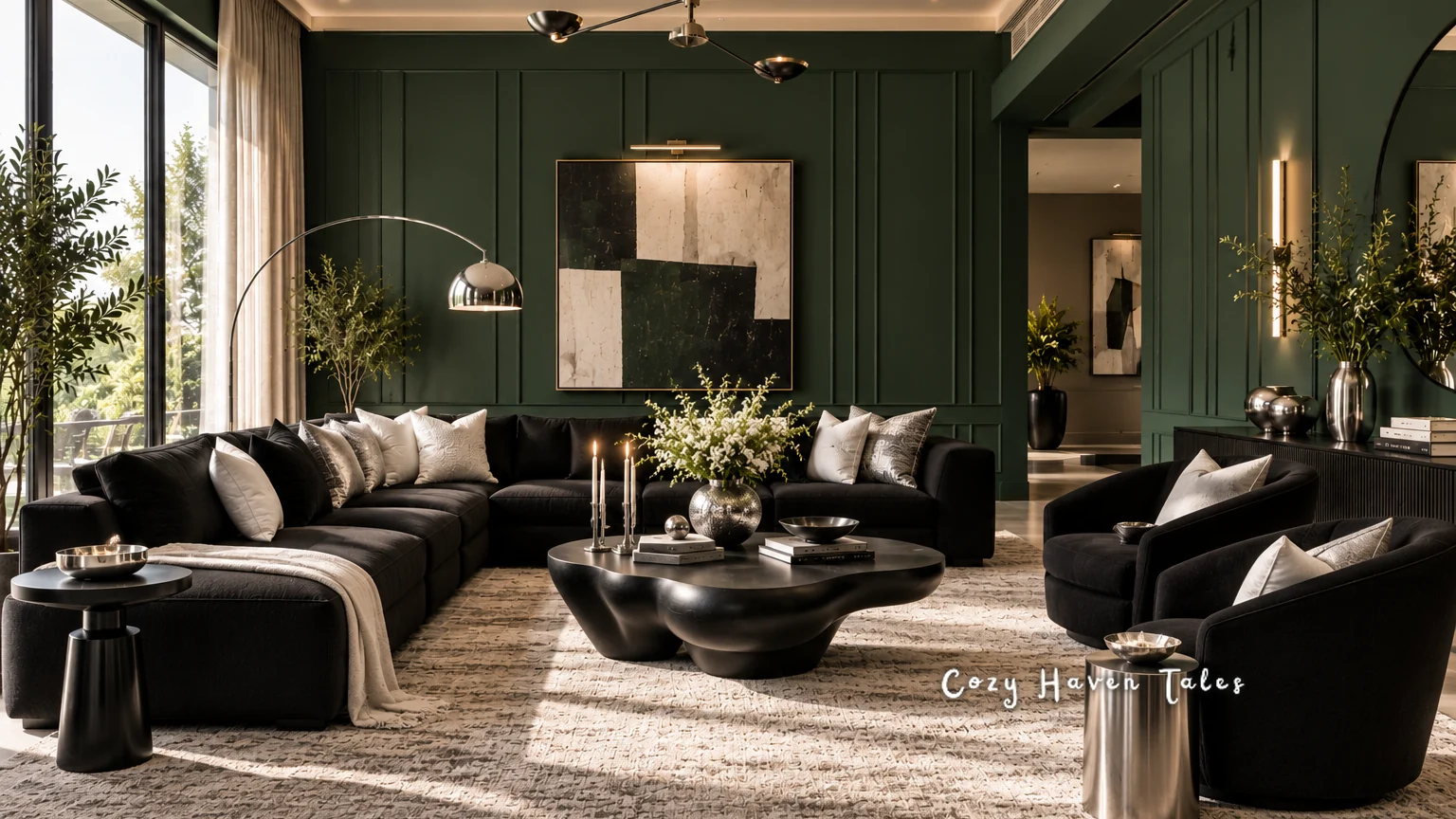 Dark green living room with paneled walls, curved black sofas, and a large abstract painting