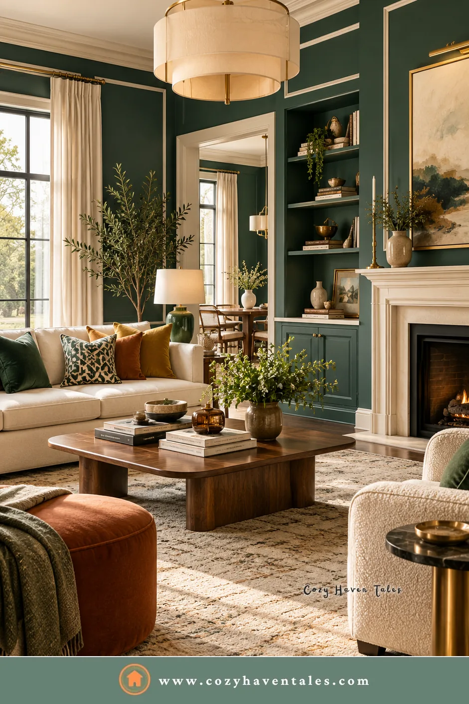 Dark green living room walls around a white fireplace with a cream sofa, a rust ottoman, and brass lamps