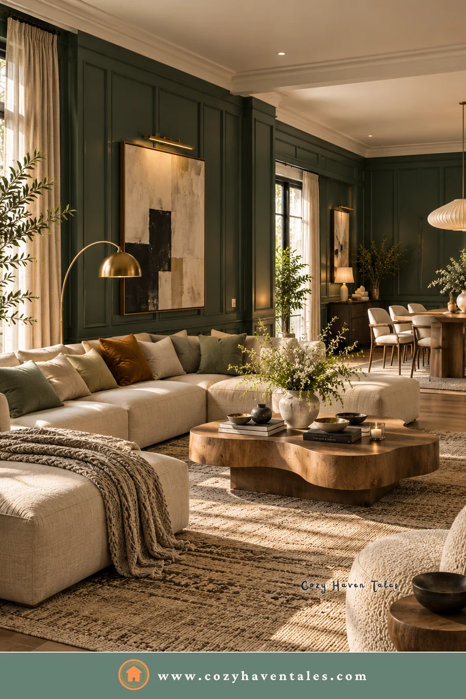 Dark green paneled walls under a light ceiling in an open living and dining room with a cream sectional