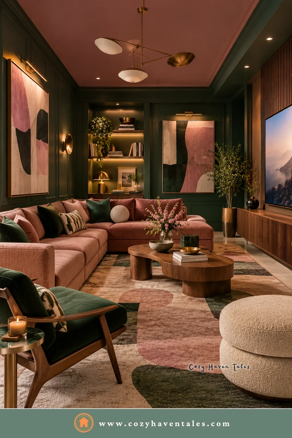 Dark green lounge lit by a sculptural pendant, wall sconces, and glowing shelves, with a pink sectional
