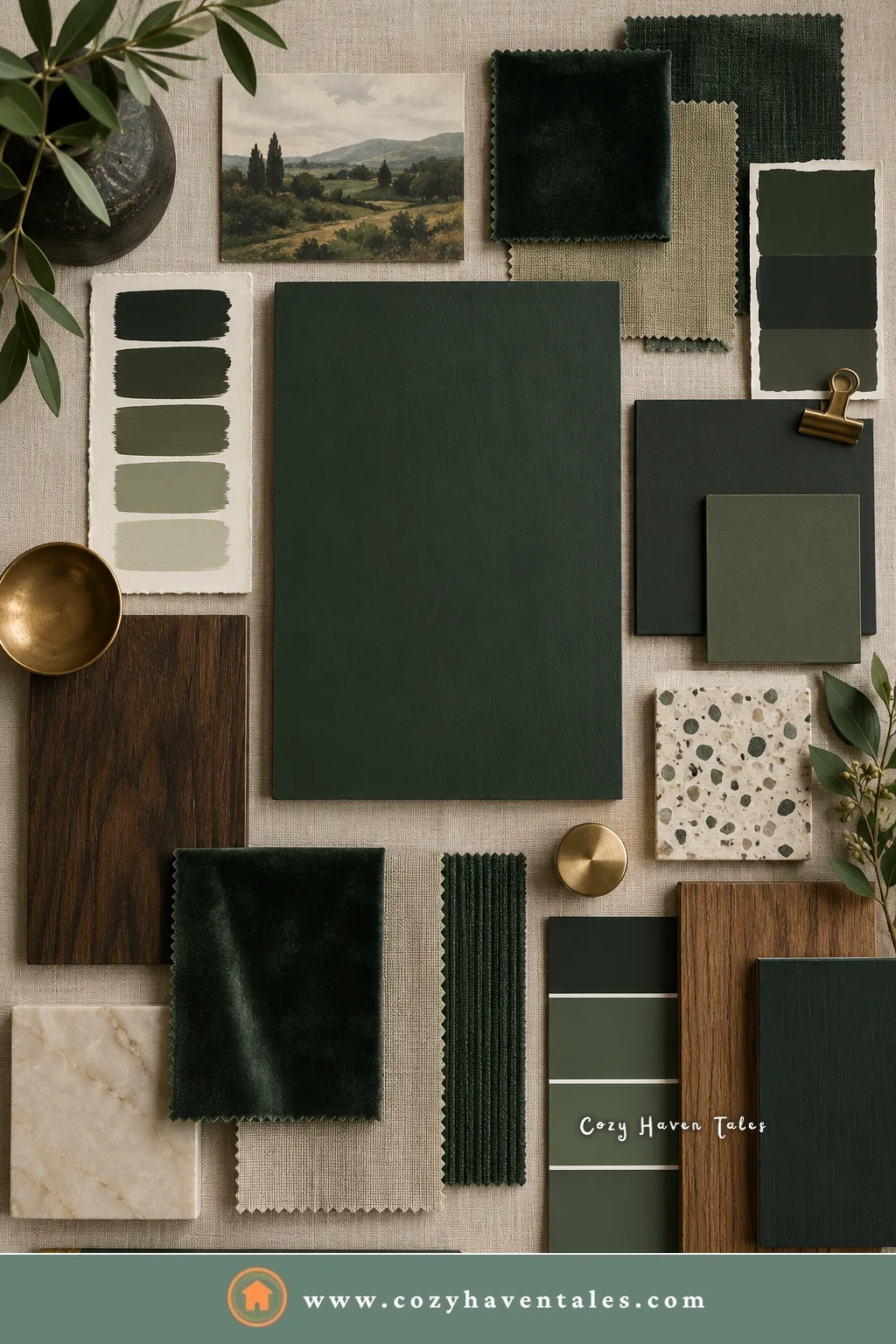 Dark green living room moodboard with velvet swatches, paint chips, walnut, marble, terrazzo, and brass
