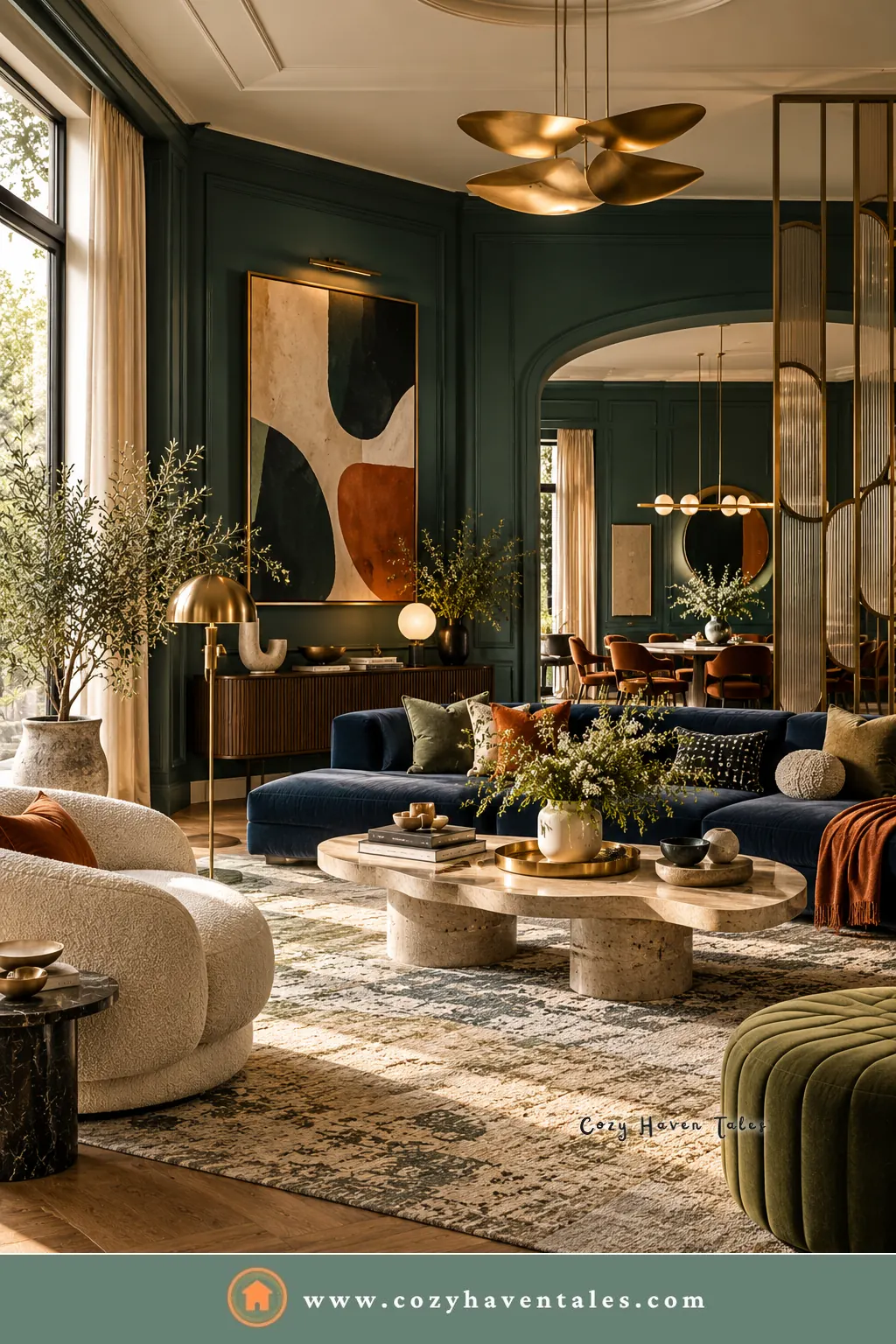 Dark green paneled walls with a navy velvet sofa, a brass chandelier, and boucle chairs