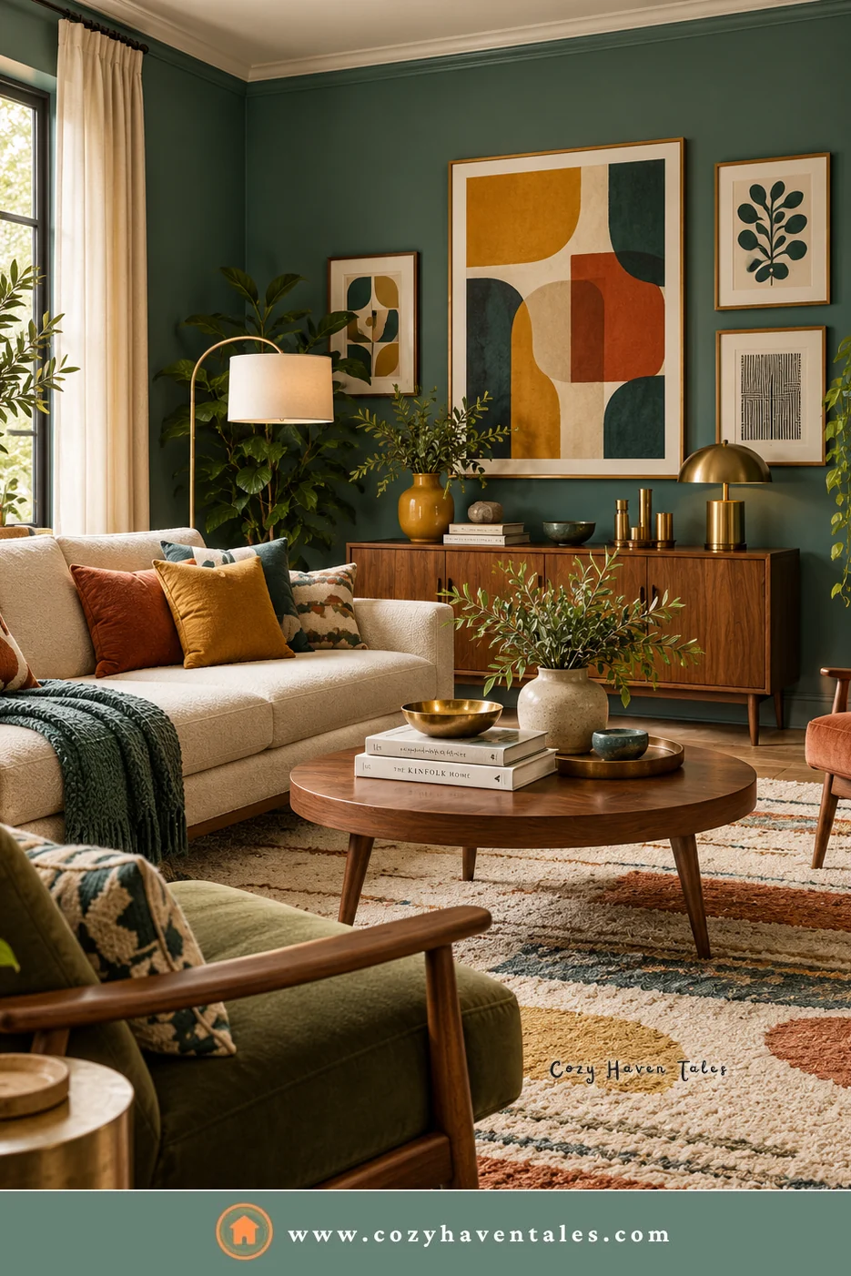 Dark green living room wall behind a cream sofa with abstract art, a walnut credenza, and a green armchair