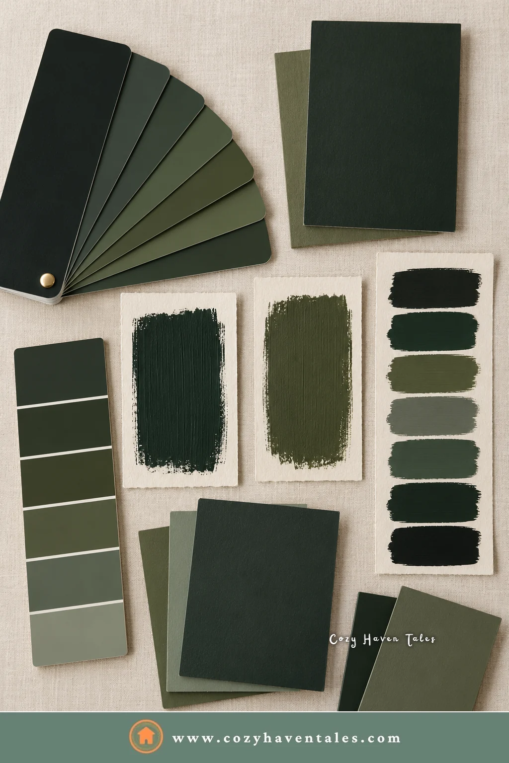Dark green paint swatches and fan deck in forest, olive, and sage shades on linen, for choosing a dark green living room color
