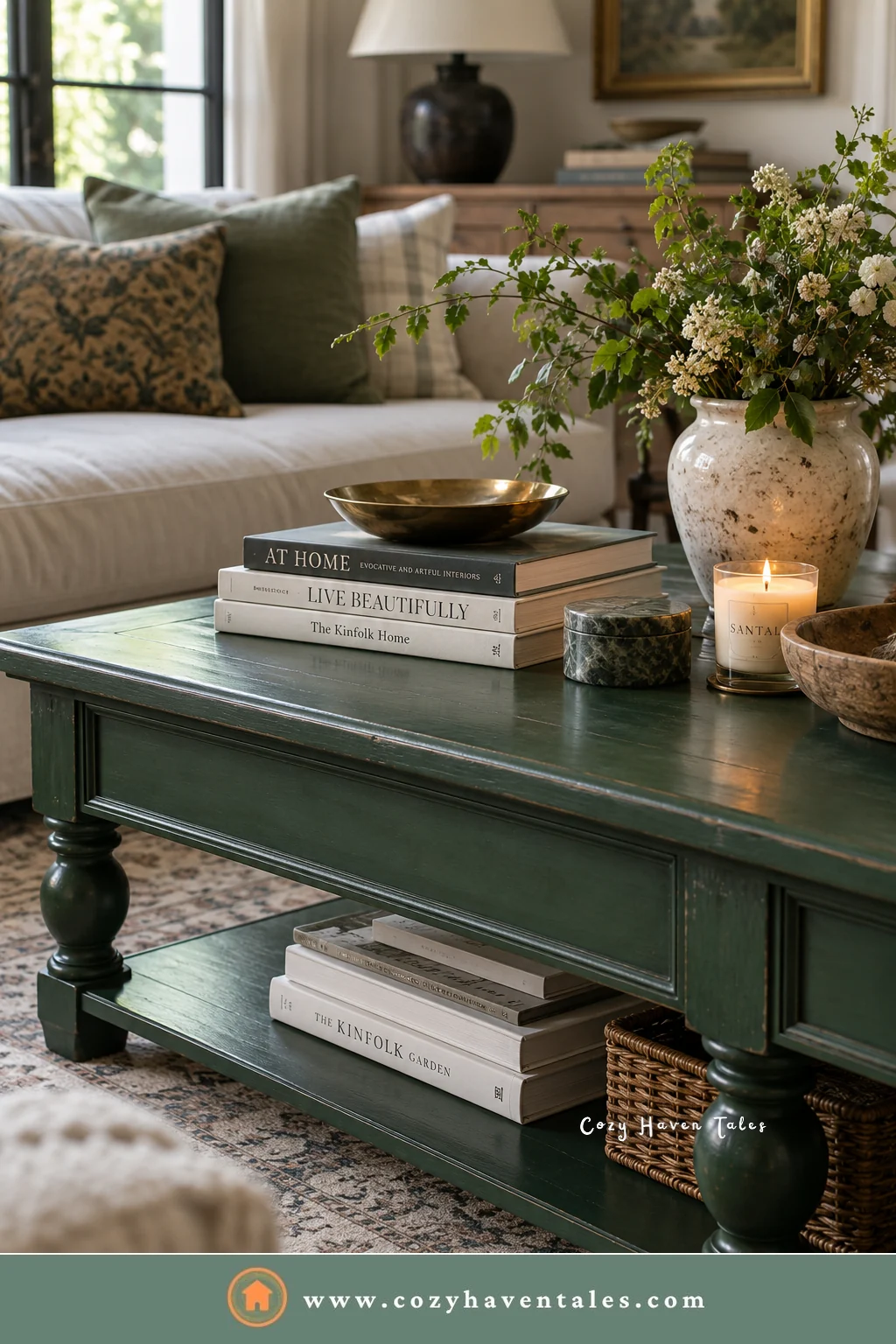 Coffee table painted dark green with turned legs, books, a candle, and flowers in a cream living room